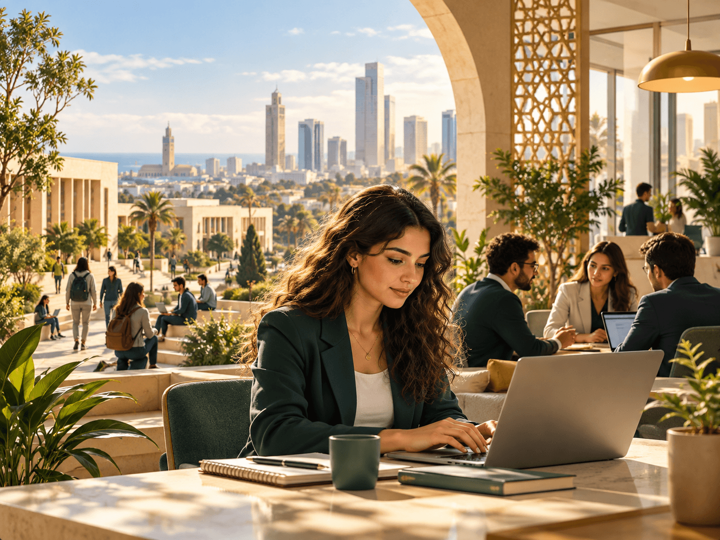 Jeune professionnelle dans un environnement marocain moderne reliant études, entreprises et opportunités de carrière